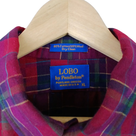 VTG LOBO by Pendleton SZ XL Cotton Wool Flannel Shirt Red Purple Blue Green - Picture 6 of 7